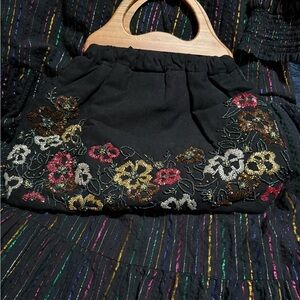 Not for Sale Beaded in multi colored flower Black Handbag with Wooden Handle